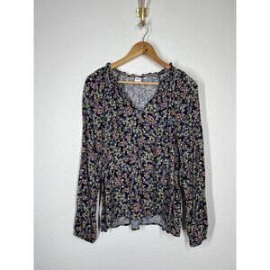 Gap Floral Ruffle Neck Long Sleeve Top Large Navy Colorful
